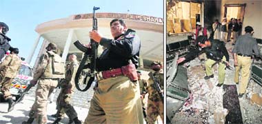 ON ALERT: Securitymen outside the judicial complex which was targeted by a suicide bomber in Peshawar on Monday; and (right) the destruction inside the judicial complex