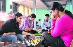 Players in action during the ongoing inter-department sports meet at Gymnasium Hall, University of Jammu, on Tuesday.