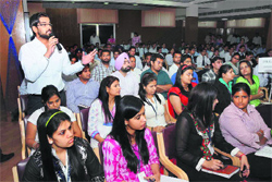 A student of Baba Farid College of Management and Technology asks a question during a seminar at the college in Bathinda on Wednesday. A Tribune photograph