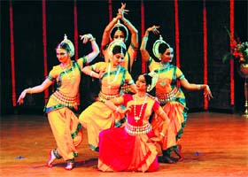 THEATRICAL ENSEMBLE: Classical dancer Sujata Mohapatra (in red saree) and artistes from Bhubaneswar present an Odissi dance item on the inaugural day of the 43rd Pracheen Kala Kendra Nritya and Sangeet Sammelan at the Tagore Theatre in Chandigarh on Wednesday