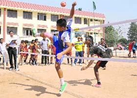In full swing: Teams of Manipur and Delhi in action during the Sub-Junior National Sepak Takraw Championship at Mount Carmel School, Sector 47, in Chandigarh on Wednesday