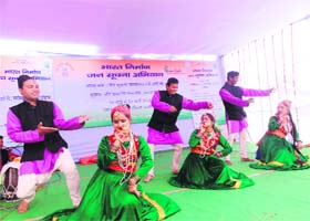Artistes give a cultural performance during the Bharat Nirmans public information campaign at Someshwar in Almora on Wednesday