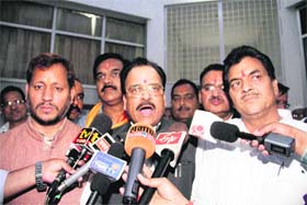 Ajay Bhatt, along with other leaders of the BJP, talks to mediapersons in Dehradun on Wednesday
