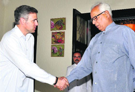 Chief Minister Omar Abdullah with Governor NN Vohra at Raj Bhawan in Jammu