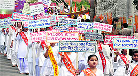 Students take part in a religious rally in Jammu on Wednesday
