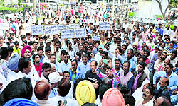 Members of the Dalit Adhikar Bachao Morcha Punjab protest outside the Mini-Secretariat in Ludhiana on Wednesday