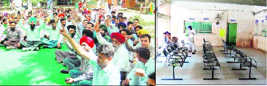 Members of the ministerial staff protest outside the Deputy Commissioners office during their strike in Amritsar on Thursday; and (right) no rush was witnessed outside the windows of registry clerks due to strike of the ministerial staff in Amritsar on Thursday. 