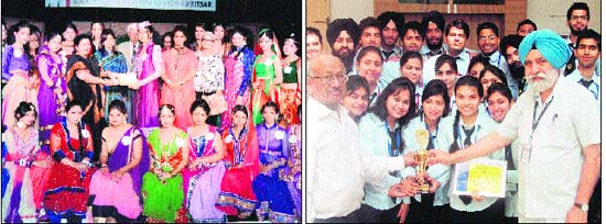 Students of BBK DAV College for Women during a fashion show on the campus; and (right) the team of Amritsar College of Engineering & Technology which won the overall trophy in 'Momentum 2013', a management festival held at the CT Group of Institutions, Jalandhar.