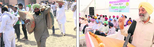 (Left) A farmer carries a bag of seeds at the Kisan Mela held in Bathinda on Thursday; Balwinder Singh Bhunder, MP, Rajya Sabha, addresses the gathering.