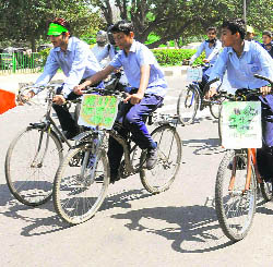 Students of the GMSS, Sector 10, take part in “Save Water”, an awareness cycle rally, in Chandigarh.