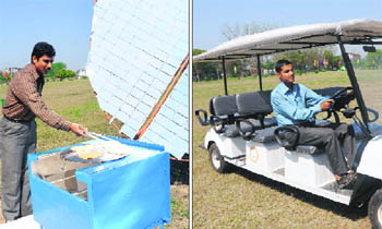 A man makes chapattis on a solar cooker at Chandigarh Energy Park, Sarangpur, on Thursday; and (right) a solar power-operated cart.