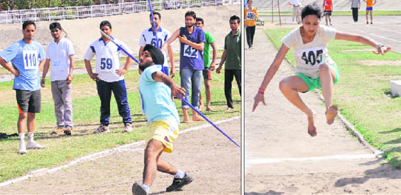 A boy throws a javelin; and (right) a girl takes part in the long jump event at the Raja Bhalendra Singh Sports Complex, Punjabi University, in Patiala on Thursday.
