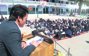 A student of Central School for Tibetans adresses the gathering during the 44th graduation day ceremony in Mussoorie on Thursday.
