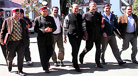Leader of Opposition PK Dhumal with other BJP MLAs at the Vidhan Sabha complex in Shimla on Thursday