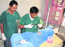 Veterinarians conduct a surgical operation to sterilize a bitch at Fatehabad recently. 