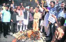 Bazaar burn an effigy of the state government in protest against the imposition of property tax in Jalandhar on Thursday. 