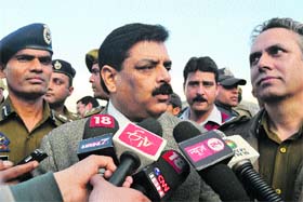 DGP Ashok Prasad talks to mediapersons at a function in Anantnag district on Thursday