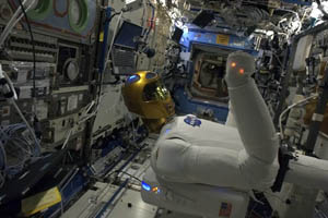Robonaut 2, the first humanoid robot in space, is pictured onboard the International Space Station in this handout photo courtesy of Col Chris Hadfield of the Canadian Space Agency.