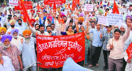 Members of the PSEB Technical Services Union, Punjab, protesting in support of their demands in Bathinda on Friday.