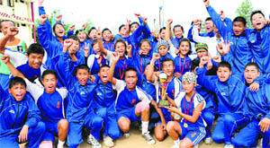 Winners of the 15th Sub-Junior Sepak Takraw National Championship in a jubilant mood at Mount Carmel School, Sector 47, in Chandigarh on Friday. 