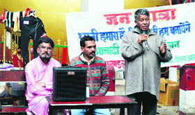 Shamsher Singh Bisht, president of the Uttarakhand Lok Vahini, addresses a meeting at Pithoragarh on Friday against the attempts of the government to sell water resources.