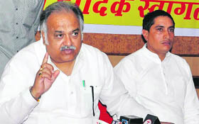 Kuldeep Sharma, Haryana Vidhan Sabha Speaker, addresses a press conference in Karnal on Friday.