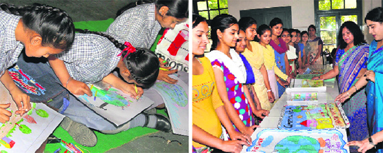 Students participate in a painting competition, organised at the Pushpa Gujral Science City in Kapurthala; and (right) students of Kanya Maha Vidyalaya participate in a poster-making competition on water conservation to mark World Water Day in Jalandhar on Friday. Tribune photos: Malkiat Singh