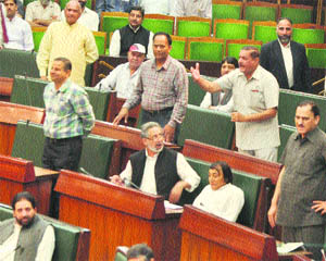 Opposition members stage a protest on Friday in the Assembly against the militant  attack on BSF on Thursday in Kashmir. 