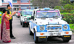 Kavita Das, principal of St John's High School, flags off the SJOBA Rally from the school campus in Sector 26, Chandigarh, on Saturday