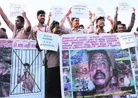 Tamils protest against Sri Lanka for alleged human rights violations, in Bhopal on Thursday