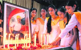 Students of St. Soldier School pay tribute to Bhagat Singh, Rajguru and Sukhdev on their martyrdom day in Jalandhar on Saturday. Tribune photo: Malkiat Singh