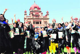 Students of Khalsa College after the 107th annual convocation of Khalsa College Amritsar on Sunday.