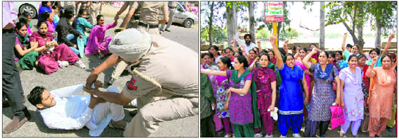 Left) A policeman drags a member of the Unaided Staff of Aided Schools Front to prevent blocking of the road near Bhai Ghanaiya Chowk in Bathinda on Sunday; and members of the Front raising slogans against the state government.