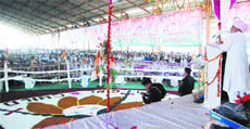 Chief Minister Bhupinder Singh Hooda addresses a rally at Tohana in Fatehabad on Sunday. 