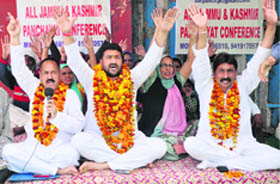 Members of the All Jammu and Kashmir Panchayat Conference sit on a 72-hour hunger strike in Jammu on Sunday. They are protesting against the Centre and state government for their failure to empower panchayat members in the state.