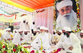 Satguru Thakur Uday Singh, chief of Namdhari sect, addresses a religious programme in Ludhiana on Sunday