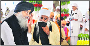 Chief Minister Parkash Singh Badal at Nanaksar Thaath in Jhorran village near Raikot on Sunday and (right) Union Minister Manish Tewari at the gurdwara.