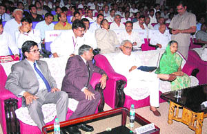 Chief Minister BS Hooda with MLA Savitri Jindal during a function at Guru Jambeshwar University of Science and Technology, Hisar, recently.