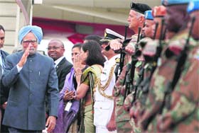 Prime Minister Manmohan Singh after his arrival at King Shaka airport in Durban on Monday