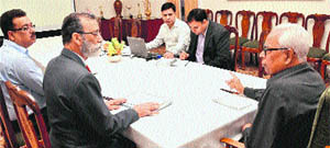 Governor NN Vohra reviews the development of the Central University of Jammu with Vice-Chancellor of the university Dr SS Bloeria (second from left) at Raj Bhawan in Jammu on Monday. 