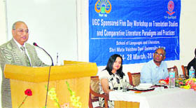 Prof Sudhir K Jain, Vice-Chancellor of Shri Mata Vaishno Devi University, addresses the gathering at the inauguration function of the five-day workshop at SMVDU, Katra, on Monday.
