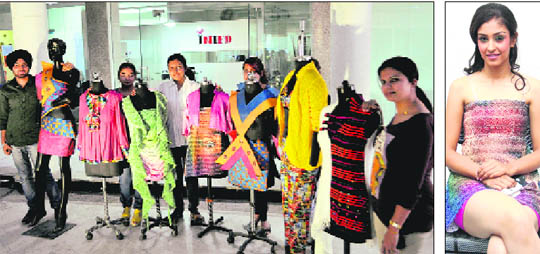 Inter-National Institute of Fashion Designing (INIFD) students show outfits worn by Navneet Kaur Dhillon at the Lakme Fashion Week last year; @@and (right) a file photo of Navneet sporting one of the dresses.