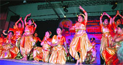 Students present a dance item on the annual day celebrations of Ryan International School in Ludhiana on Monday. 