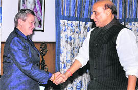 BJP president Rajnath Singh greets US Ambassador to India Nancy J Powell at his residence in New Delhi on Monday.