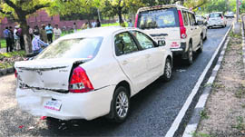 Vehicles involved in a pile-up at the Sector 27 roundabout in Chandigarh on Tuesday.