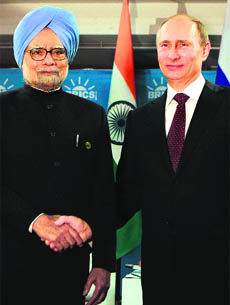 Prime Minsiter Manmohan Singh with Russian President Vladimir Putin during a bilateral meeting ahead of the BRICS Summit in Durban on Tuesday.