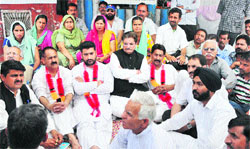 All Jammu and Kashmir Panchayat Conference members on hunger strike in Jammu on Tuesday. Tribune photo: Inderjeet Singh