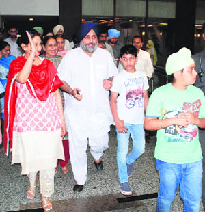 Deputy Chief Minister Sukhbir Singh Badal along with his wife MP Harsimrat Kaur Badal and kids going to a multiplex in Bathinda on Wednesday.