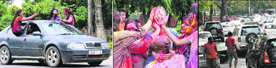 Girls' revelry: Girls drive down in a car at Sector 11. (centre) Visitor's delight: PU students play Holi with a foreign student. (right) Jams did not dampen spirit: A traffic jam at Sector 10.