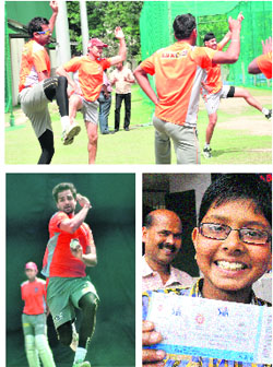 Players of Kings XI Punjab exercise during a practice session at PCA Stadium, Mohali, on Thursday; 2. Aniket Chaudhary bowls during the new practice ; 3. A cricket fan shows IPL match ticket